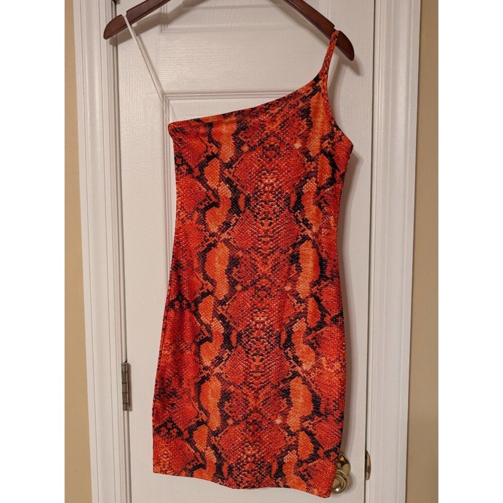 Women's orange snake print one shoulder mini dress